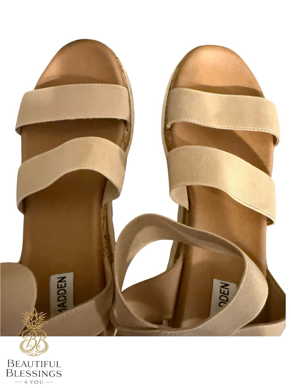 Steve Madden platform Sandals Women 8.5 Beige Elastic Strap Cork Wedge Comfort - Picture 5 of 11